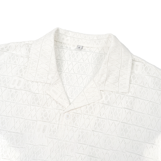 Boxy Fit Geometric Patterned Camp Collar Shirt