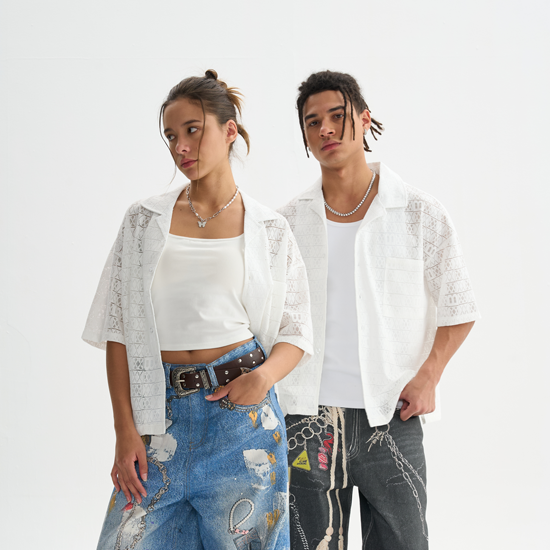 Boxy Fit Geometric Patterned Camp Collar Shirt