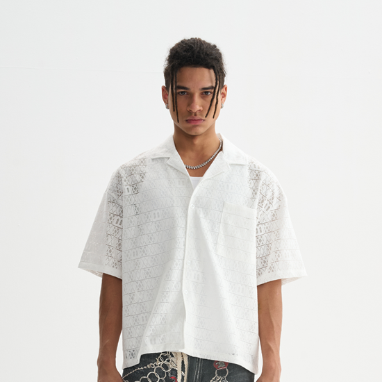 Boxy Fit Geometric Patterned Camp Collar Shirt