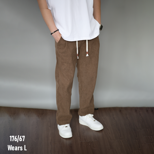 Wide-Leg Corduroy Long Pants with Drawstring