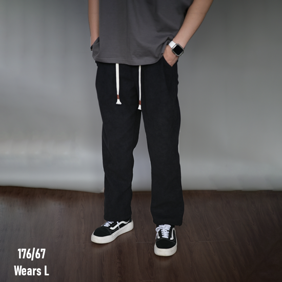 Wide-Leg Corduroy Long Pants with Drawstring